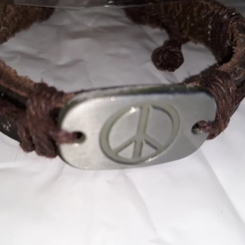 Leather Drawstring Bracelet (1) Dark Brown Peace Sign Adjustable tie close NEW